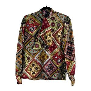 Vtg Frayne Red Patchwork Blouse Tie-Neck Women’s M/L (No Size Tag) Zip Back